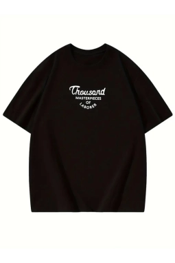 Thousand Baskılı Oversize Bisiklet Yaka T-shirt - Siyah