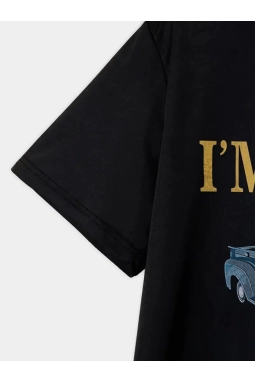 Baskılı Oversize Bisiklet Yaka T-shirt - Siyah
