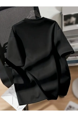 Baskılı Oversize Bisiklet Yaka T-shirt - Siyah