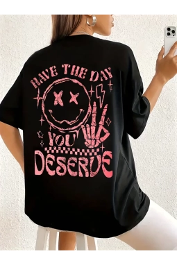 Baskılı Oversize Bisiklet Yaka T-shirt - Siyah