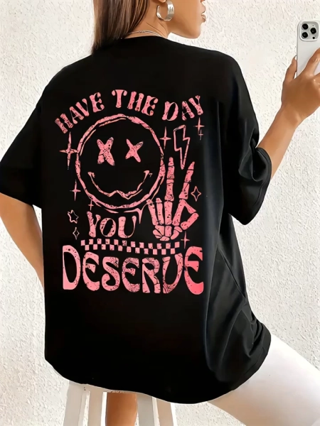 Baskılı Oversize Bisiklet Yaka T-shirt - Siyah