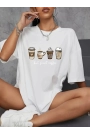 Baskılı Oversize Bisiklet Yaka T-shirt - Beyaz