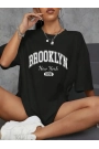 Baskılı Oversize Bisiklet Yaka T-shirt - Siyah