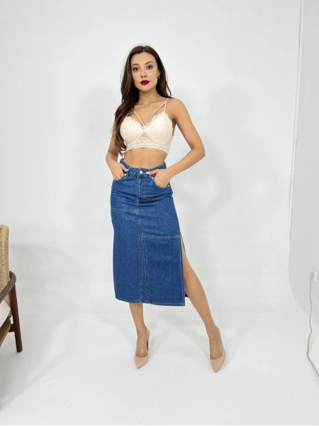 6900 SLIPPED MIDI SKIRT-MAVİ