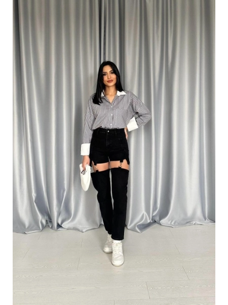 Siyah Askılı İki Parça Jeans Pantolon