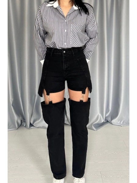 Siyah Askılı İki Parça Jeans Pantolon