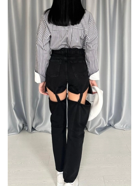 Siyah Askılı İki Parça Jeans Pantolon
