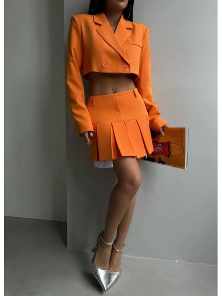 Pileli Etek Crop Ceket Takım