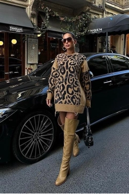 Leopar Desenli Yırtık Detaylı Kazak 1344