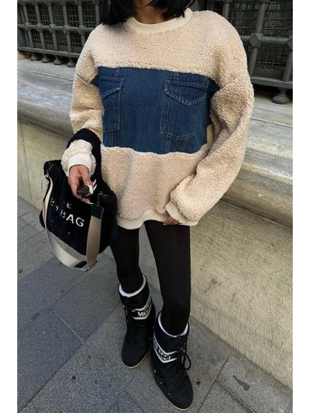 Göğsü Denim Garnili Sweatshirt 3402