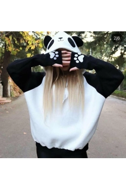 Kadın Panda üç Iplik Kumaş Kapüşonlu Polar Sweat 65 Cm