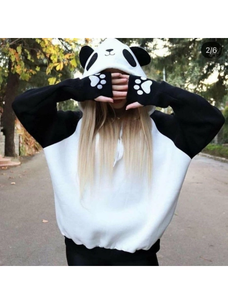 Kadın Panda üç Iplik Kumaş Kapüşonlu Polar Sweat 65 Cm