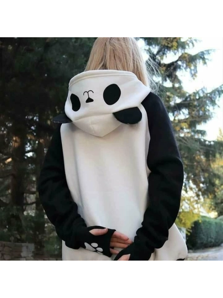 Kadın Panda üç Iplik Kumaş Kapüşonlu Polar Sweat 65 Cm