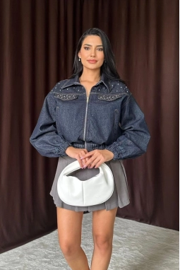 Mavi Taşlı Kısa Kot Ceket