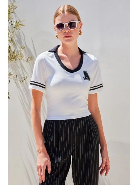 4320 Polo Yaka Basic Triko Bluz - Beyaz