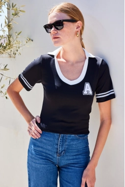4320 Polo Yaka Basic Triko Bluz - Siyah