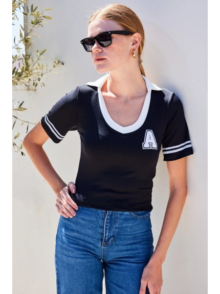 4320 Polo Yaka Basic Triko Bluz - Siyah