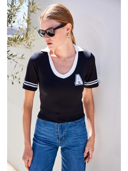 4320 Polo Yaka Basic Triko Bluz - Siyah