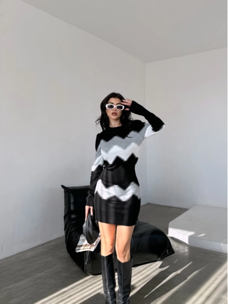 Kadın Uzun Kollu Zigzag Desen Triko Elbise