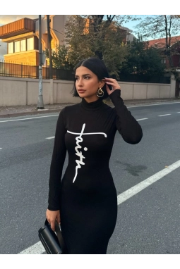 Kadın Uzun Kollu Boğazlı Baskı Detaylı Viskon Tam Boy Elbise