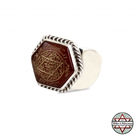 El Yazması Mührü Süleyman 6 Köşeli Kızıl Akik Taşlı Gümüş Yüzük