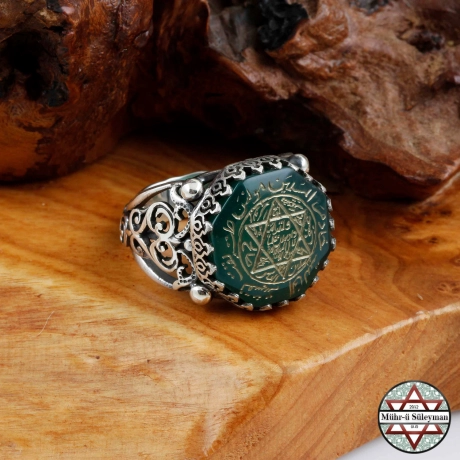 Mührü Süleyman Tamamı EL Yazması Yeşil AKİK Taşlı 925 Ayar Gümüş Yüzük