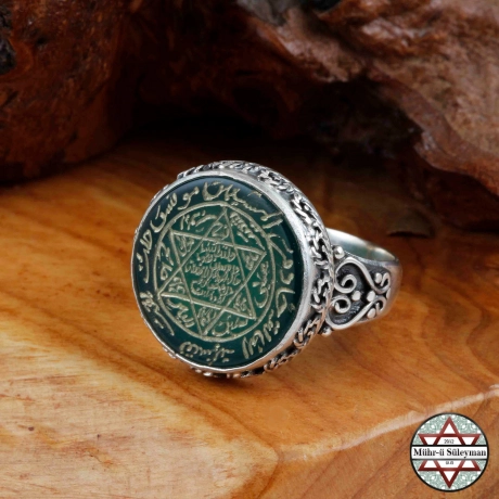 Yeşil Akik Taşlı Tamamı EL Yazması Mührü Süleyman Gümüş Yüzük
