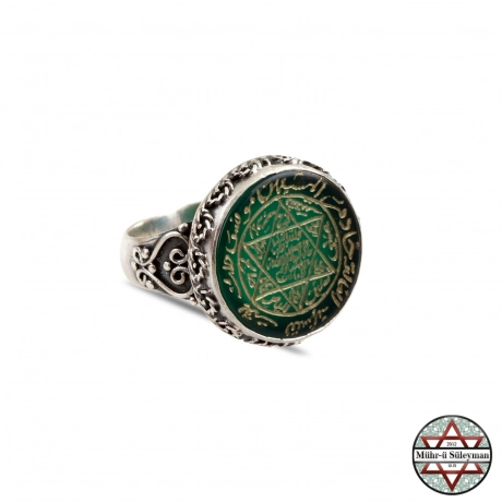 Yeşil Akik Taşlı Tamamı EL Yazması Mührü Süleyman Gümüş Yüzük