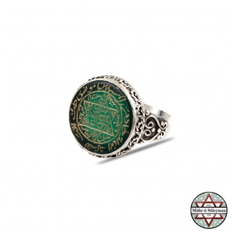 Yeşil Akik Taşlı Tamamı EL Yazması Mührü Süleyman Gümüş Yüzük