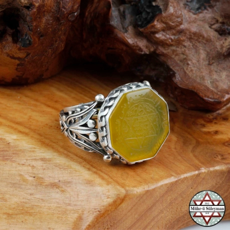 Sarı Akik Taşlı Tamamı EL Yazması Süleyman Mührü 925 Ayar Gümüş Yüzük
