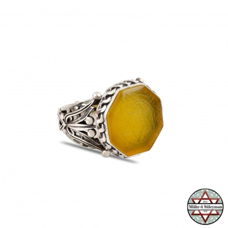 Sarı Akik Taşlı Tamamı EL Yazması Süleyman Mührü 925 Ayar Gümüş Yüzük