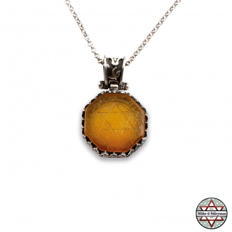 Tamamı EL Yazması - Mührü Süleyman 8 Köşeli SARI Akik Taşlı Gümüş Kolye