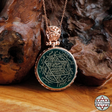 Yeşil Akik Taşlı Tamamı EL Yazması Mührü Süleyman Rose Kaplama Kolye