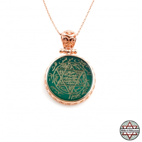 Yeşil Akik Taşlı Tamamı EL Yazması Mührü Süleyman Rose Kaplama Kolye