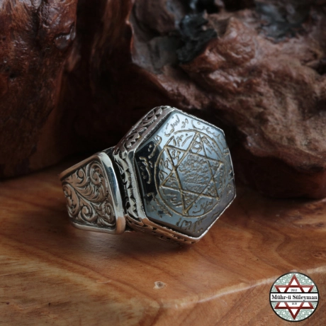 Hz. Süleyman Mührü - Hametit Taşlı 925 Ayar Gümüş Yüzük Tamamı EL Yazması
