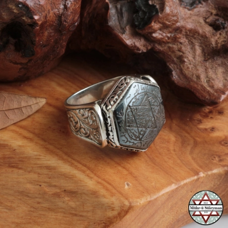 Hz. Süleyman Mührü - Hametit Taşlı 925 Ayar Gümüş Yüzük Tamamı EL Yazması