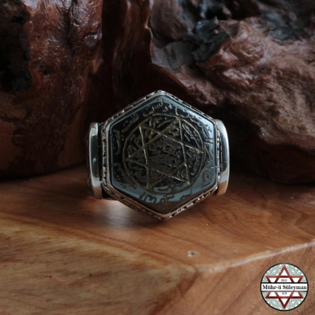 Hz. Süleyman Mührü - Hametit Taşlı 925 Ayar Gümüş Yüzük Tamamı EL Yazması