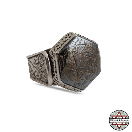 Hz. Süleyman Mührü - Hametit Taşlı 925 Ayar Gümüş Yüzük Tamamı EL Yazması