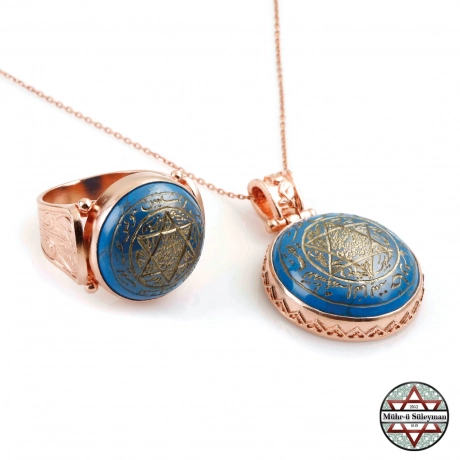 Firuze Taşlı EL Yazması Mührü Süleyman Set Yüzük ve Kolye Kombin