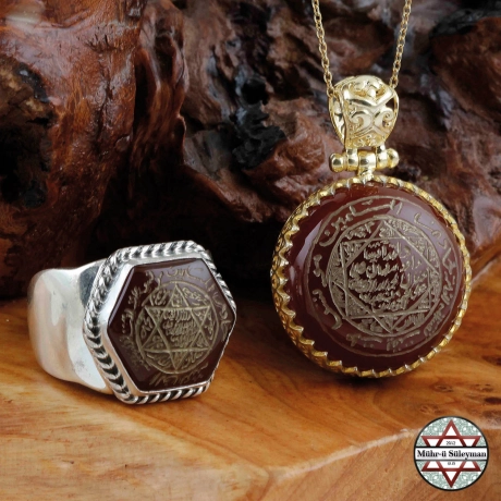 Akik Taşlı EL Yazması Mührü Süleyman Yüzük ve Kolye Kombin
