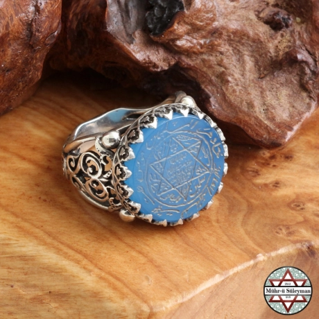 Mavi Akik Taşlı 925 Ayar Gümüş El Yazması Mührü Süleyman Yüzük