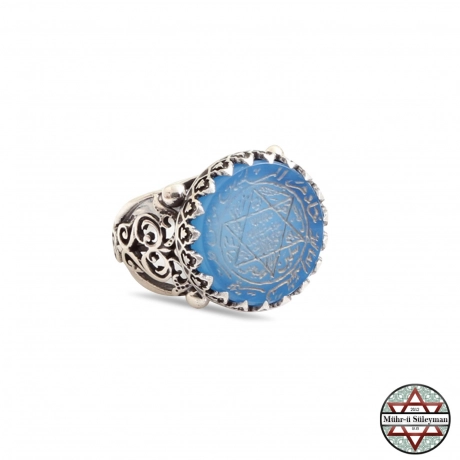 Mavi Akik Taşlı 925 Ayar Gümüş El Yazması Mührü Süleyman Yüzük
