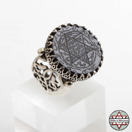 Mührü Süleyman - Tamamı EL Yazması Siyah Akik Taşlı 925 Ayar Gümüş Yüzük