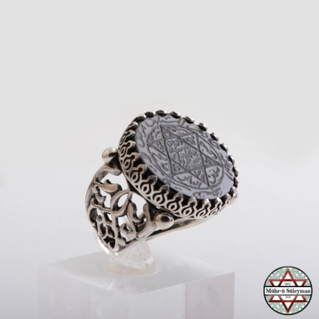 Mührü Süleyman - Tamamı EL Yazması Siyah Akik Taşlı 925 Ayar Gümüş Yüzük