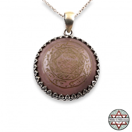 EL Yazması PEMBE Kuvars Taşlı Mührü Süleyman Gümüş Kolye