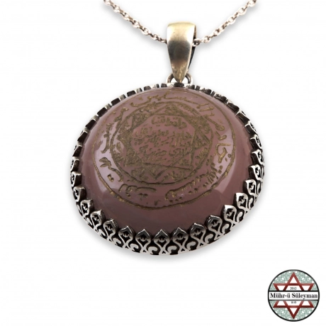 EL Yazması PEMBE Kuvars Taşlı Mührü Süleyman Gümüş Kolye