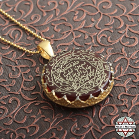Akik Taşlı TAMAMI El Yazması - Mührü Süleyman Gümüş Kolye (Altın Kaplama)