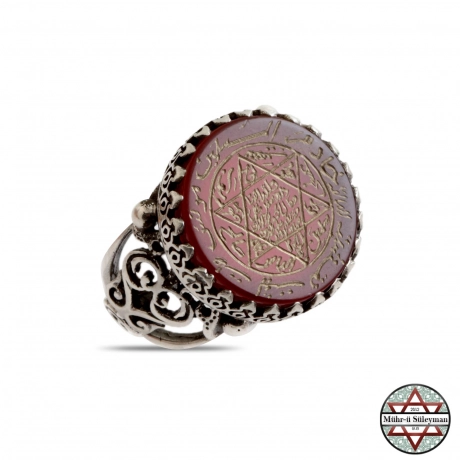 Akik Taşlı Tamamı EL Yazması Mührü Süleyman Gümüş Yüzük