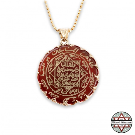 Kızıl Akik Taşlı - El Yazması Mührü Süleyman 14 Ayar ALTIN Kolye