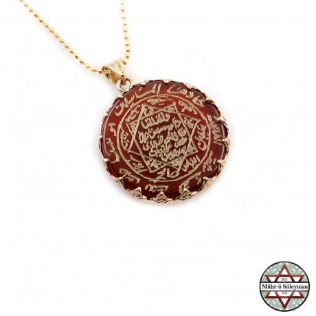 Kızıl Akik Taşlı - El Yazması Mührü Süleyman 14 Ayar ALTIN Kolye